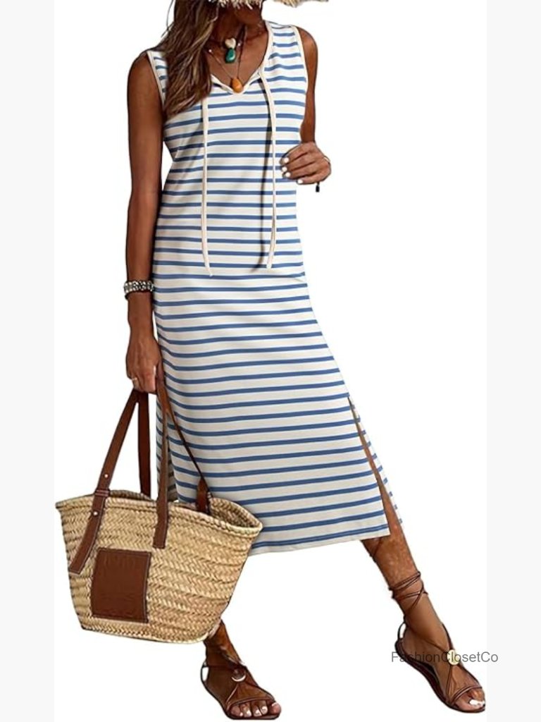 Striped V Neck Sleeveless Maxi Dress Side Slit Casual Beach Dress